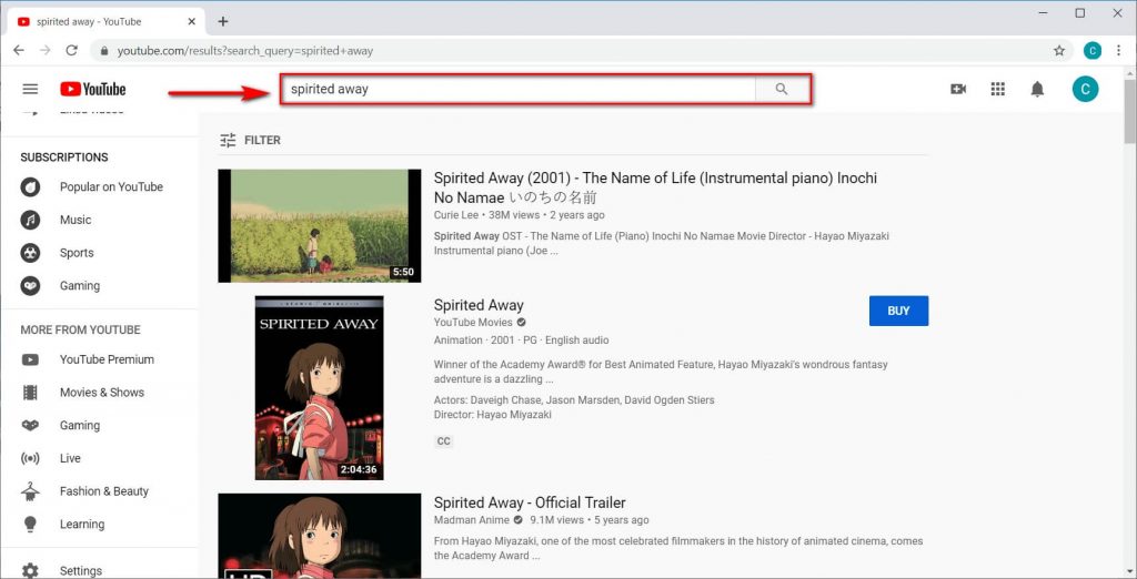 YouTube movies keyword
