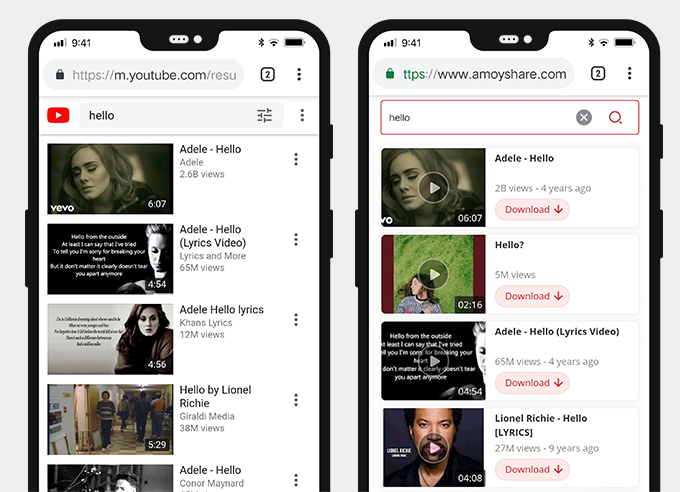 Search results on YouTube & AmoyShare YouTube Downloader