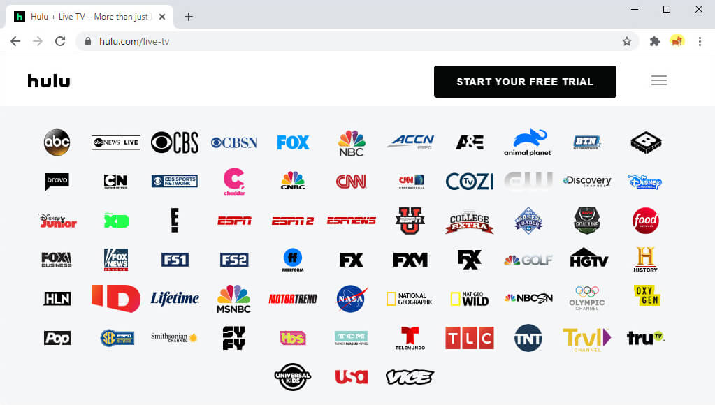 Hulu Live TVの一部のチャンネル